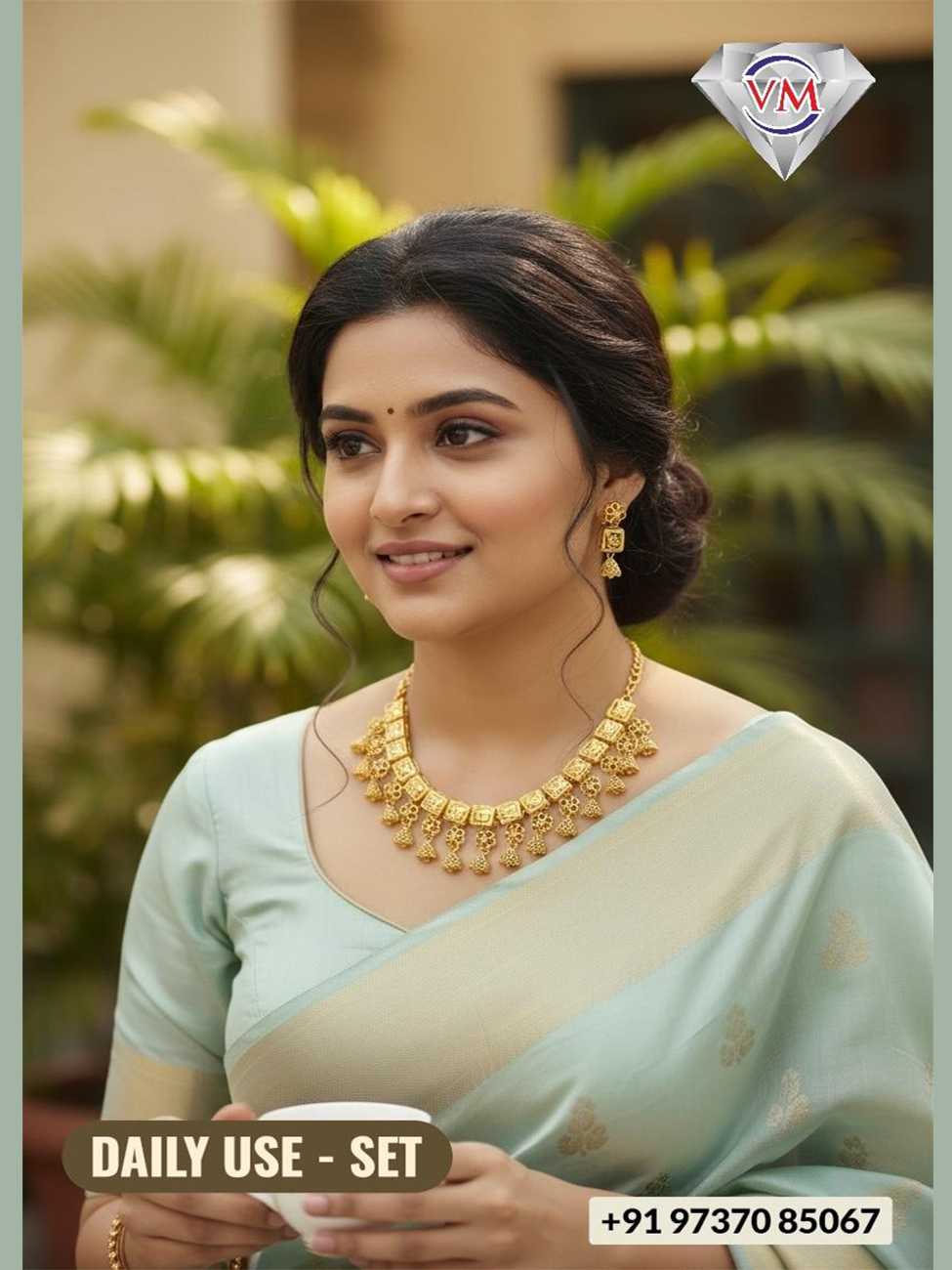 Gold finish daily wear necklace set featuring square motif links and small drop accents