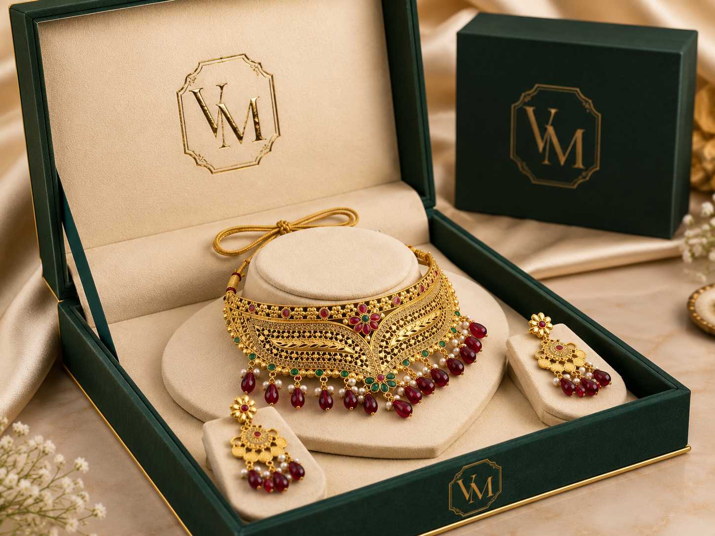 VM Imitation Gold-Plated Choker Necklace Set with Ruby Red Beads and Matching Earrings in Premium Jewelry
