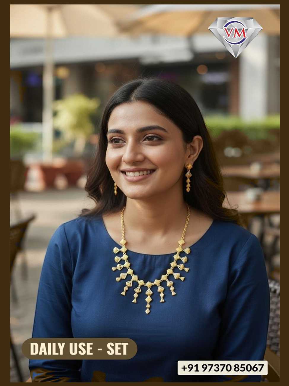 Modern gold finish daily wear necklace set featuring contemporary drop design and matching earrings