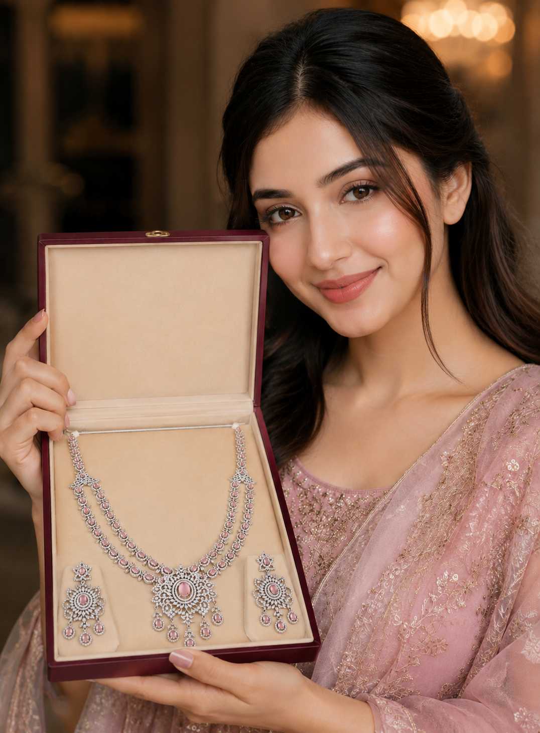Pink Stone American Diamond Bridal Long Necklace Set with Matching Earrings in Premium Velvet Jewelry Box