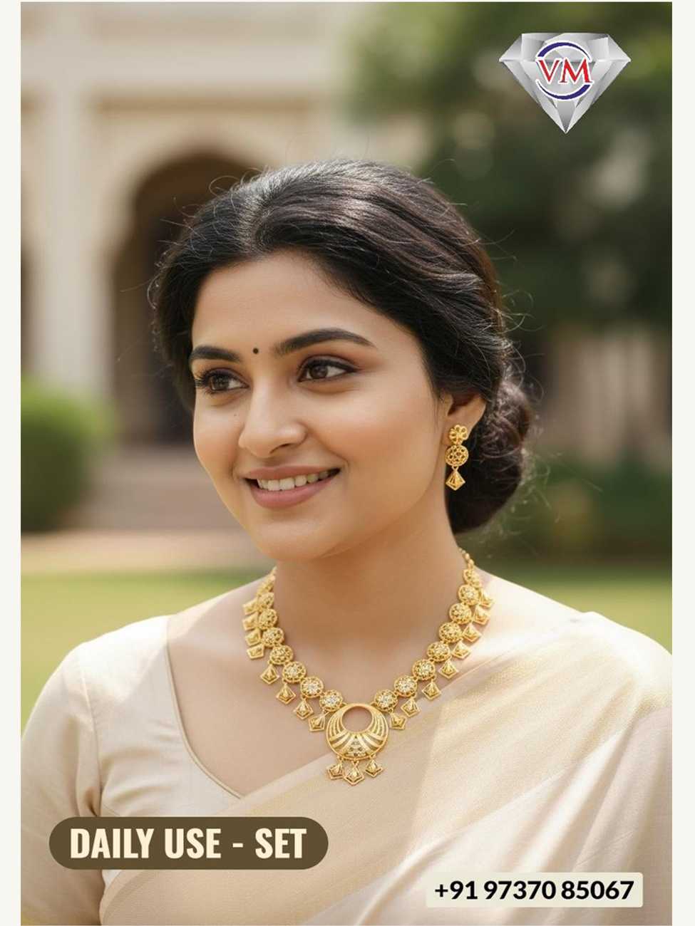 Gold finish daily wear necklace set with circular motif pendant and minimal drop detailing