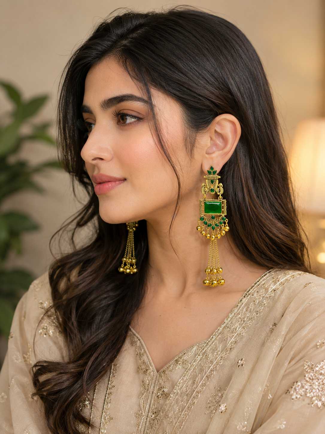 Ethnic Kashmiri Earrings with Green Stones and Gold Finishing