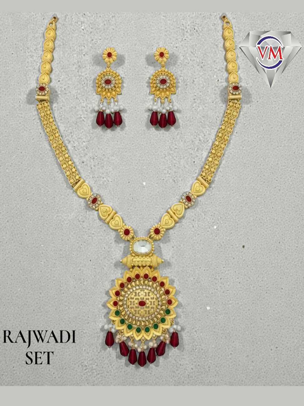 Antique Rajwadi Necklace with Temple Coin Style Pendant and Ruby Bead Drops