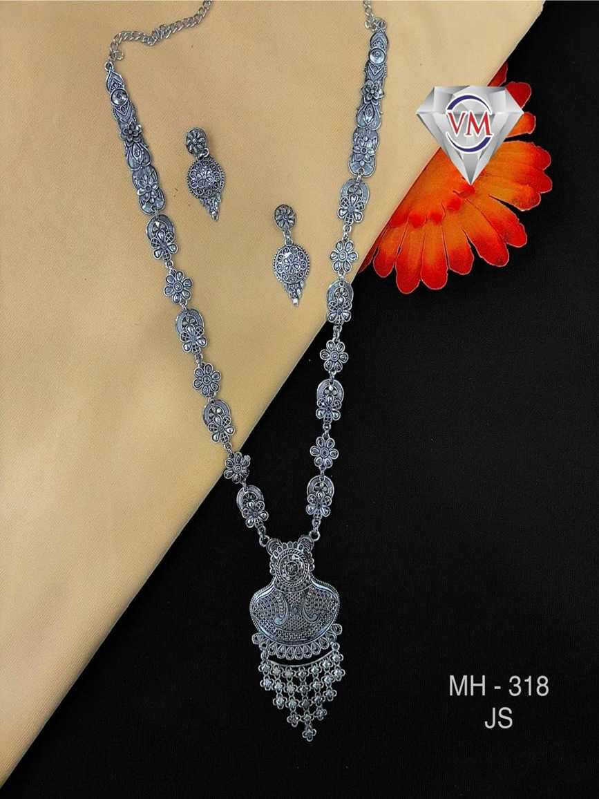 traditional oxidized silver necklace set with hanging drop pendant and earrings