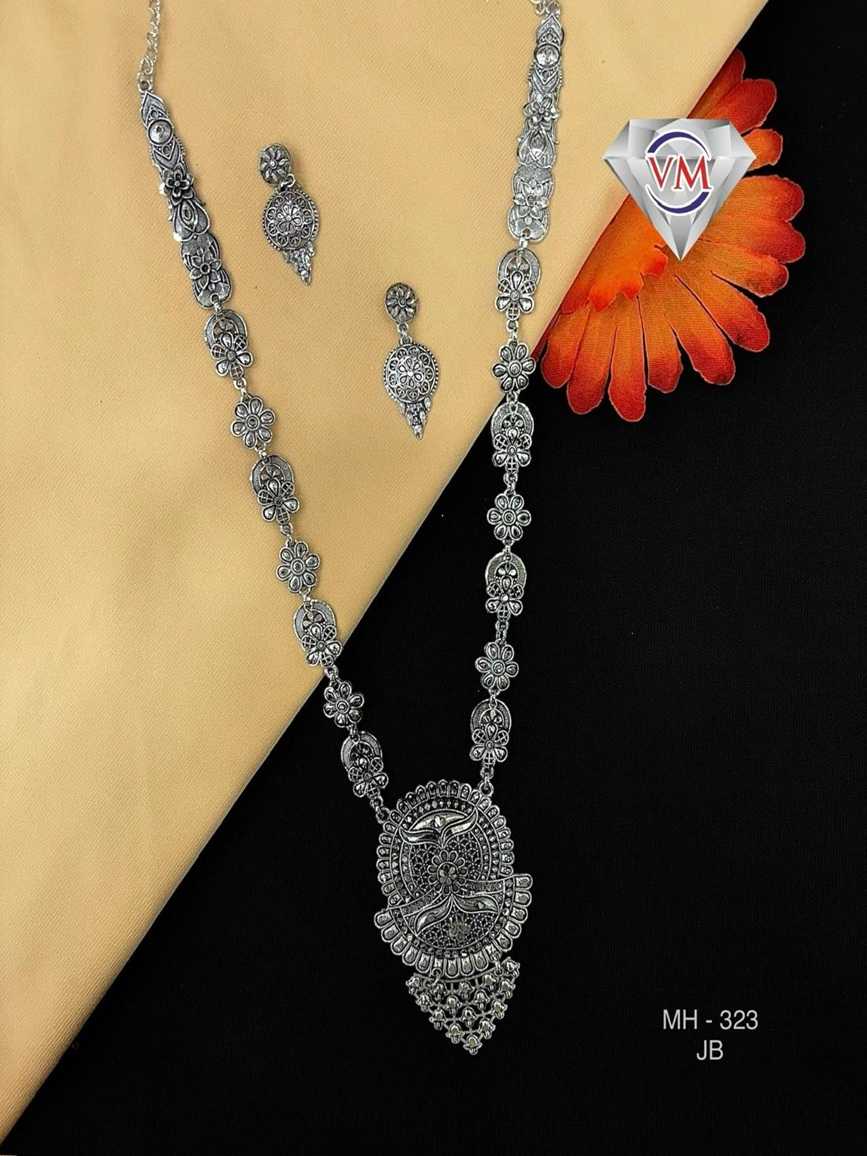 oxidized silver long necklace set with heritage style pendant and matching earrings