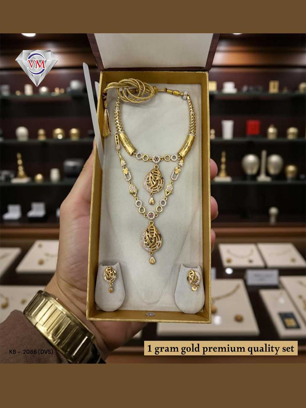 1 gram gold plated necklace set showing double layered chain and elegant pendant design