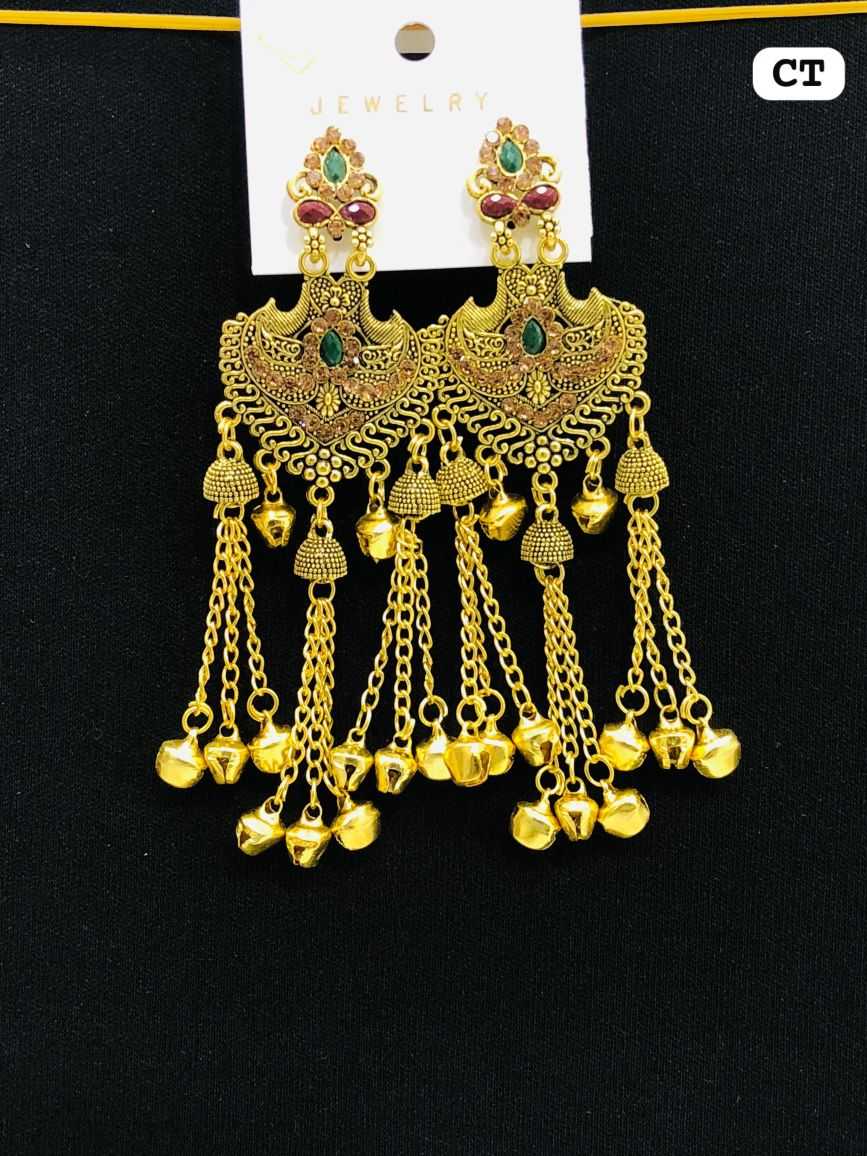 Traditional gold plated Bali earrings with intricate carving and multi-layer ghungroo chain hangings