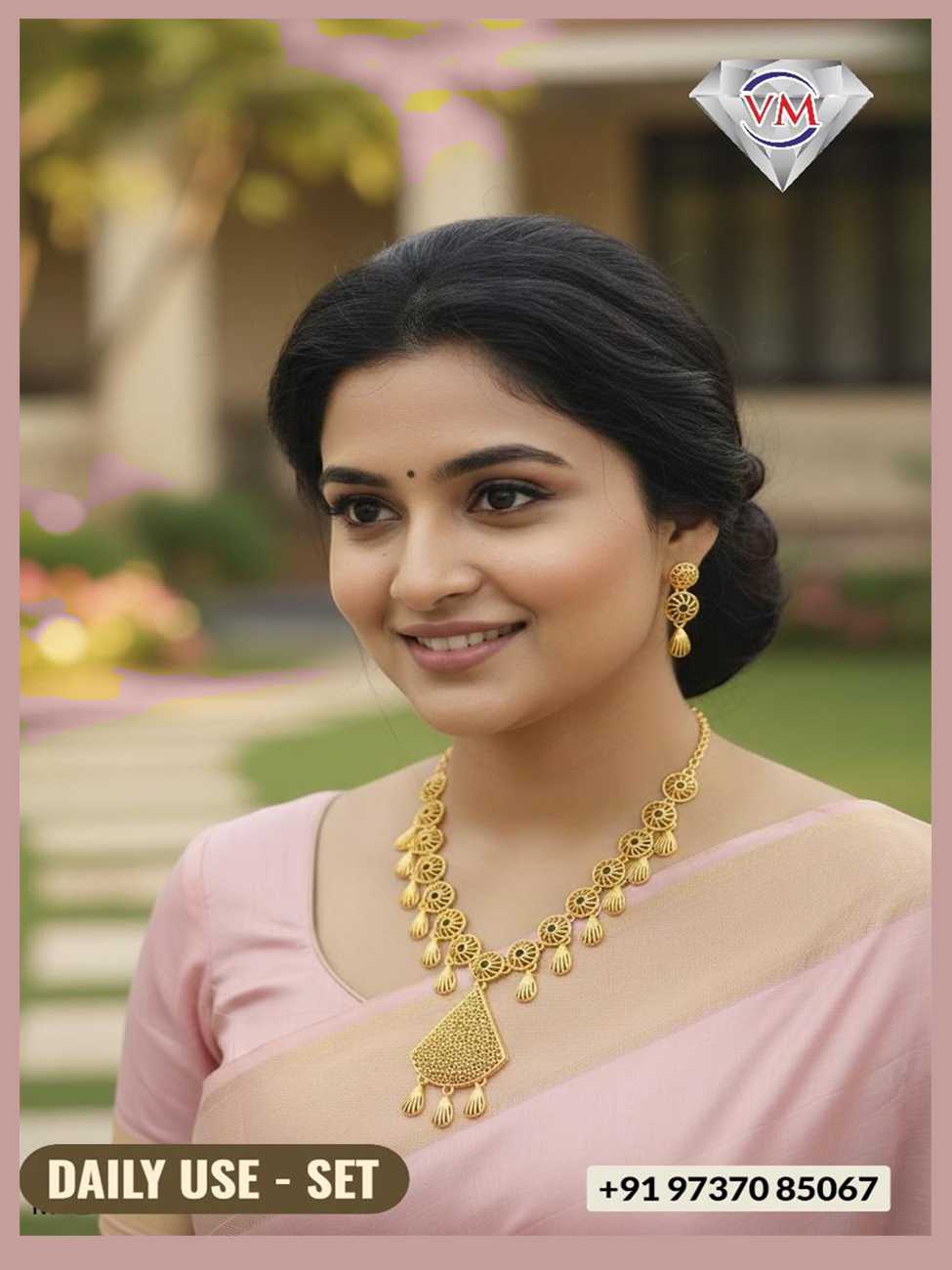 Handcrafted gold finish daily wear necklace set featuring fan shaped pendant and matching earrings