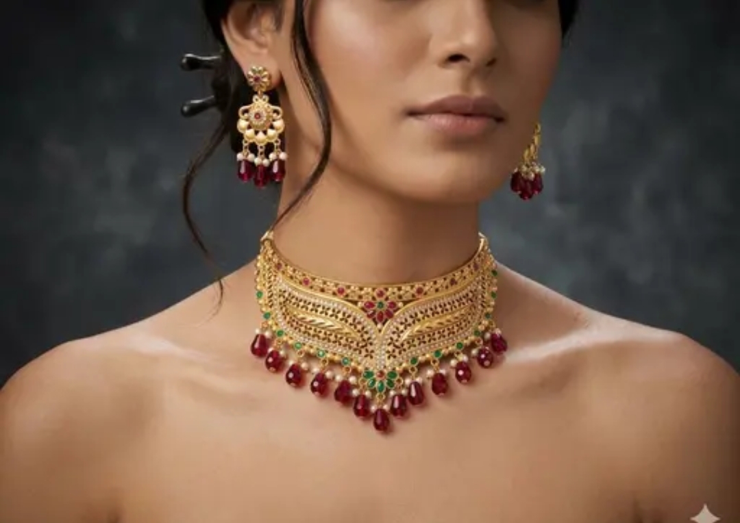 VM Imitation Gold-Plated Choker Necklace Set with Ruby Red Beads and Matching Earrings in Premium Jewelry