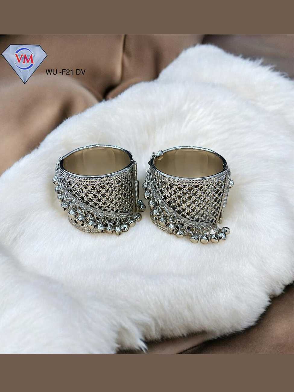 Oxidized silver finish kada featuring jali work design with ghungroo detailing