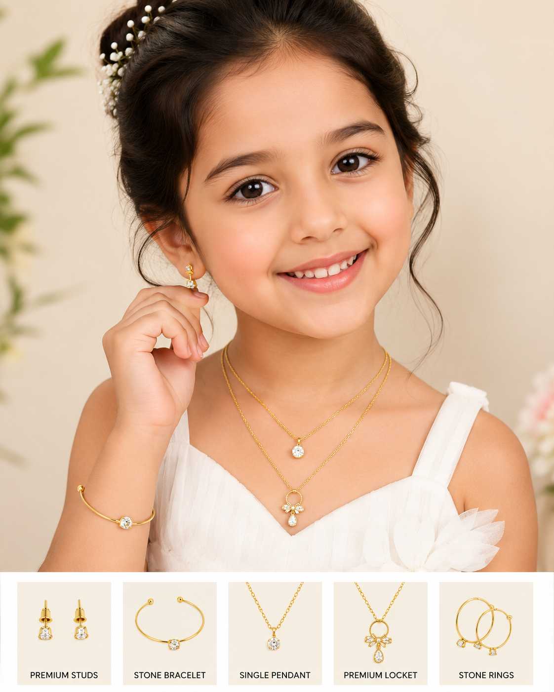 KIDS gold-plated jewelry set featuring crystal pendant necklaces, hoop earrings, stud earrings, and an adjustable bracelet