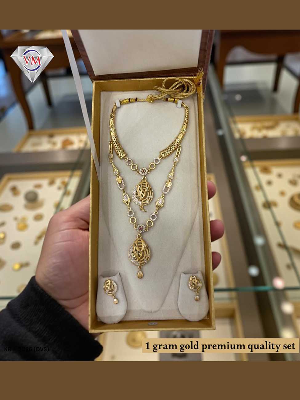 Traditional 1 gram gold necklace set with smooth finish and layered chain design