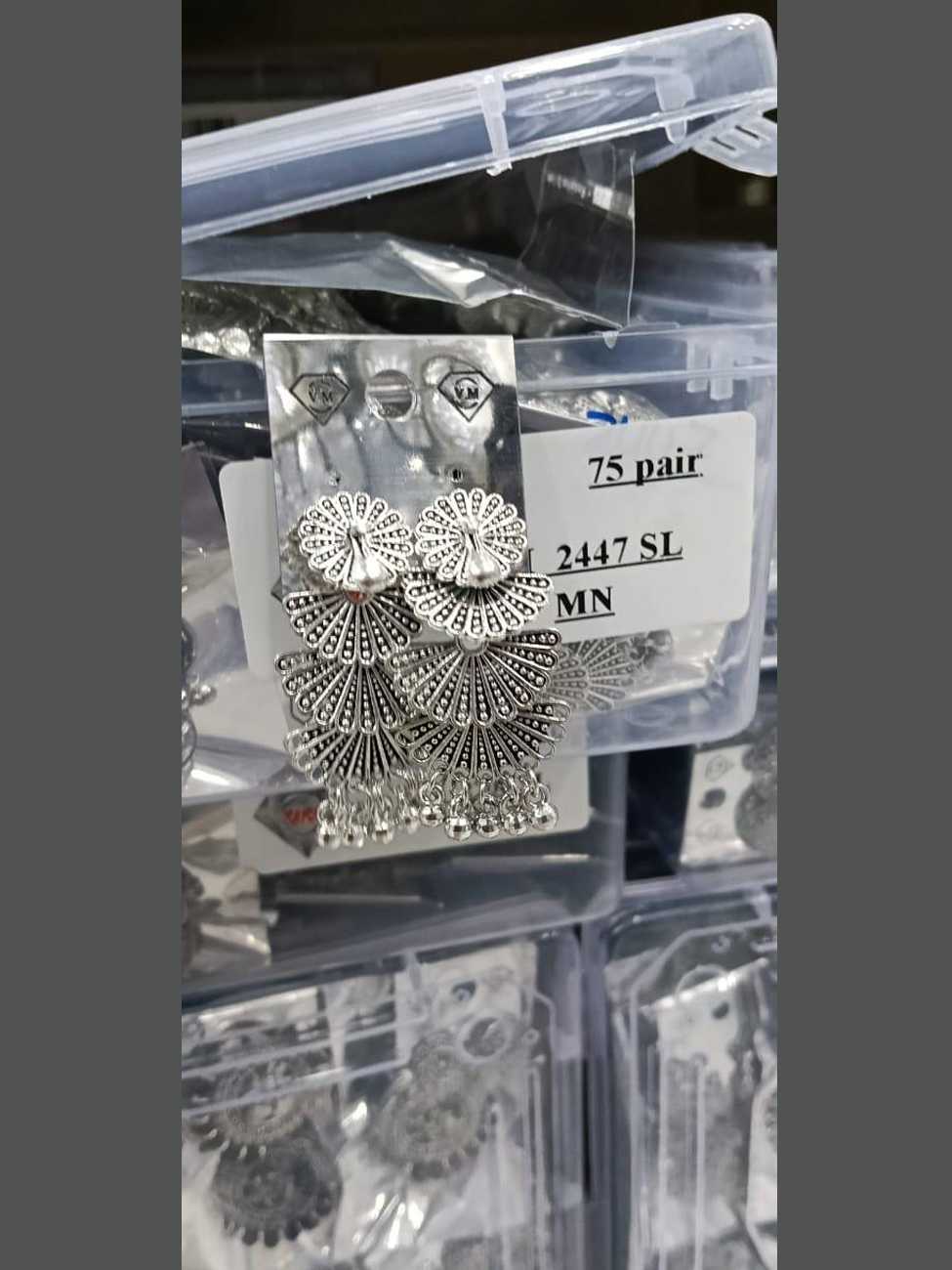 Elegant oxidized silver earrings with a peacock motif stud and triple-tiered fan danglers