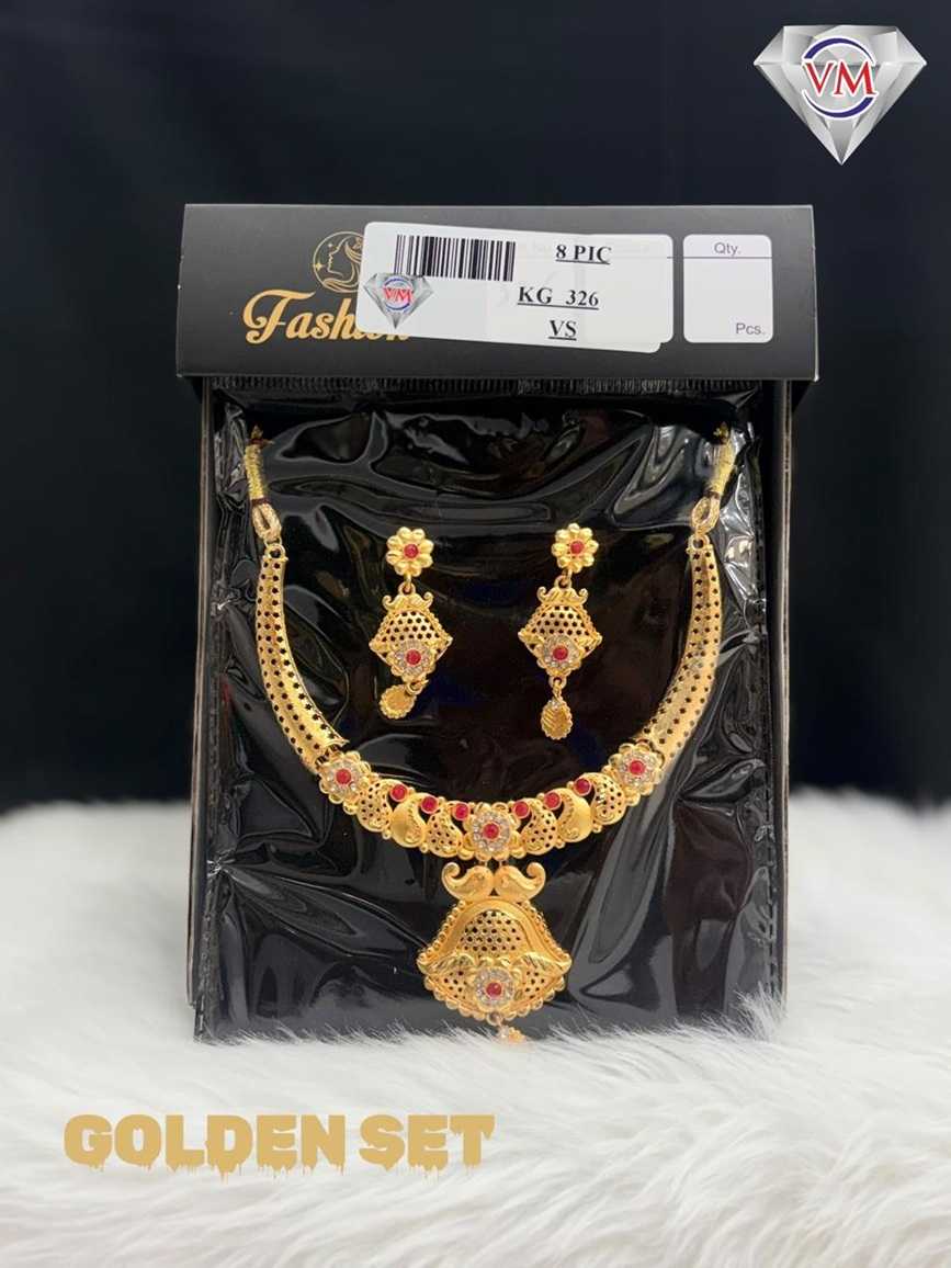 Golden finish necklace set with ruby accent crest pendant and matching earrings