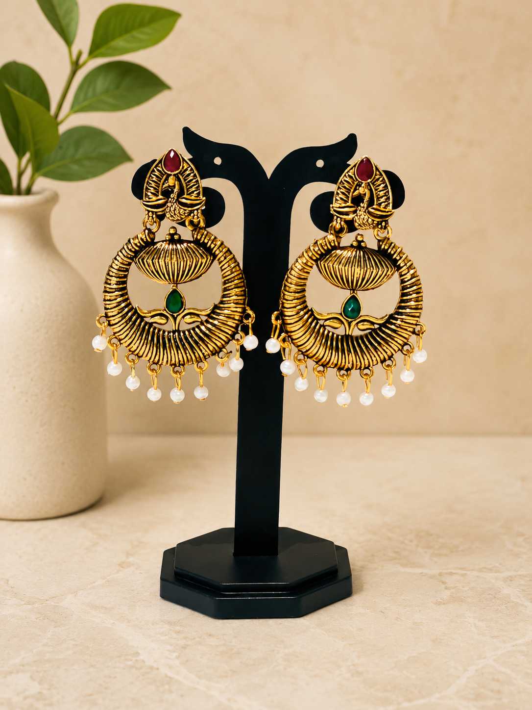 Traditional Gold-Tone Chandbali Earrings with Pearl Drops | Ethnic Imitation Jewellery