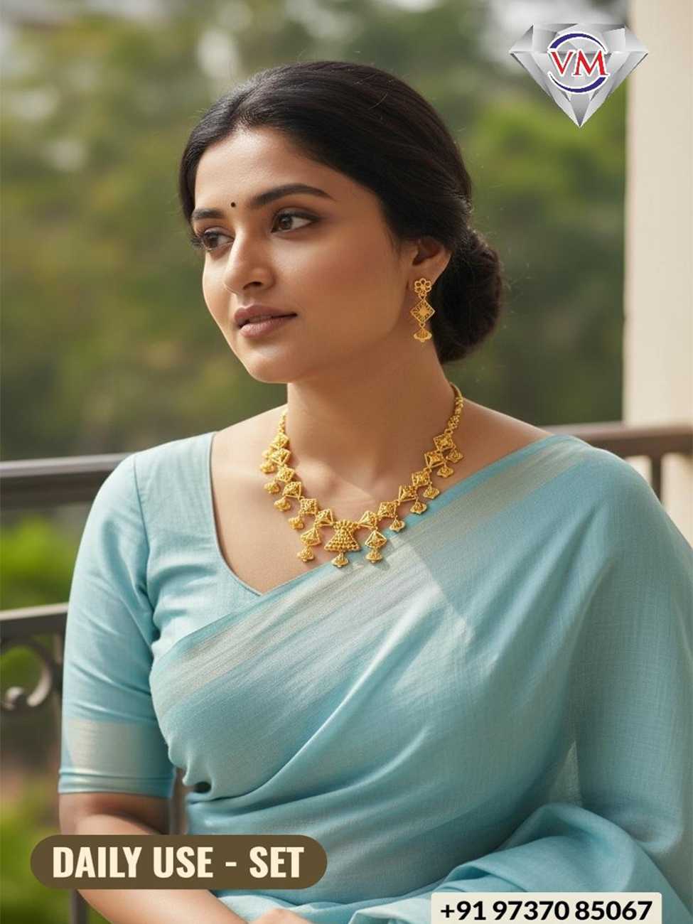 Handcrafted gold finish daily wear necklace set with lightweight geometric drop motifs and matching earrings