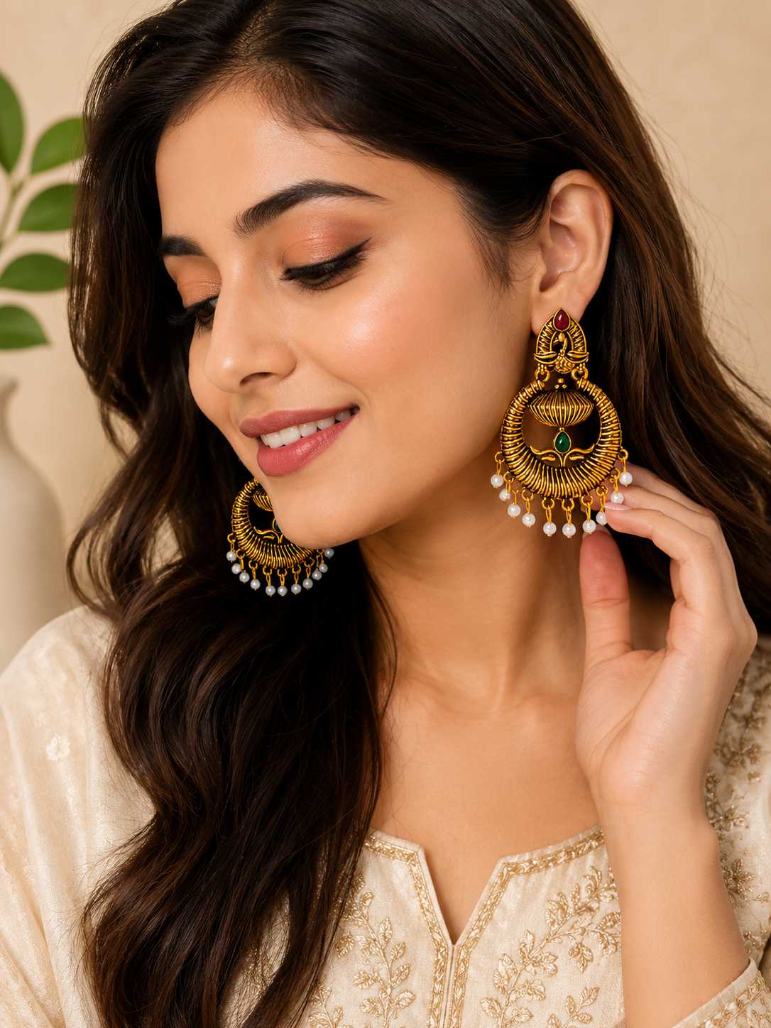 Traditional Gold-Tone Chandbali Earrings with Pearl Drops | Ethnic Imitation Jewellery