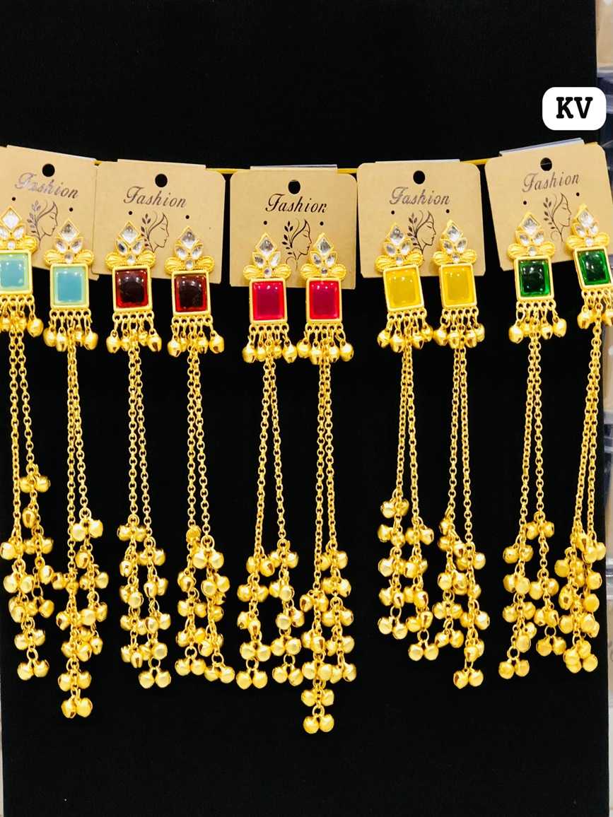 Gold-plated earrings with a square central stone, white crystal toppers, and long triple-chain golden bell tassels.