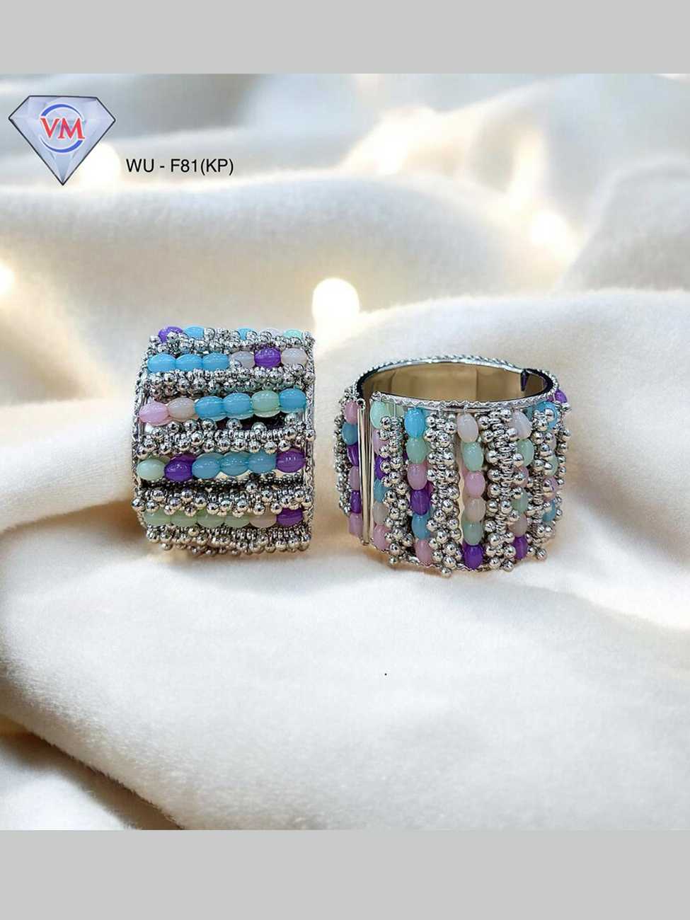 Oxidized silver kada featuring pastel beads and chain embellishments