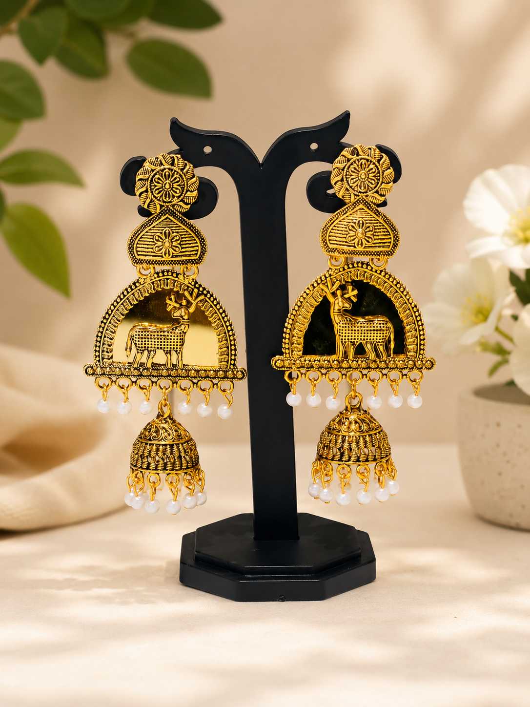Elegant Traditional Deer Design Gold Plated Jhumka Earrings with Pearl Hanging for Women