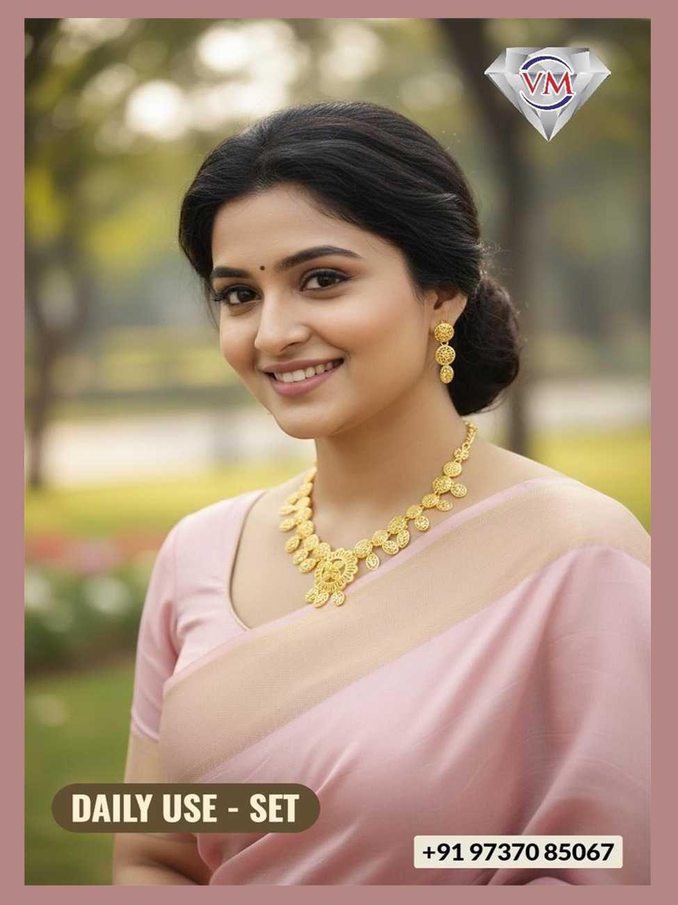 Gold finish daily wear necklace set with leaf inspired drop motifs and lightweight earrings