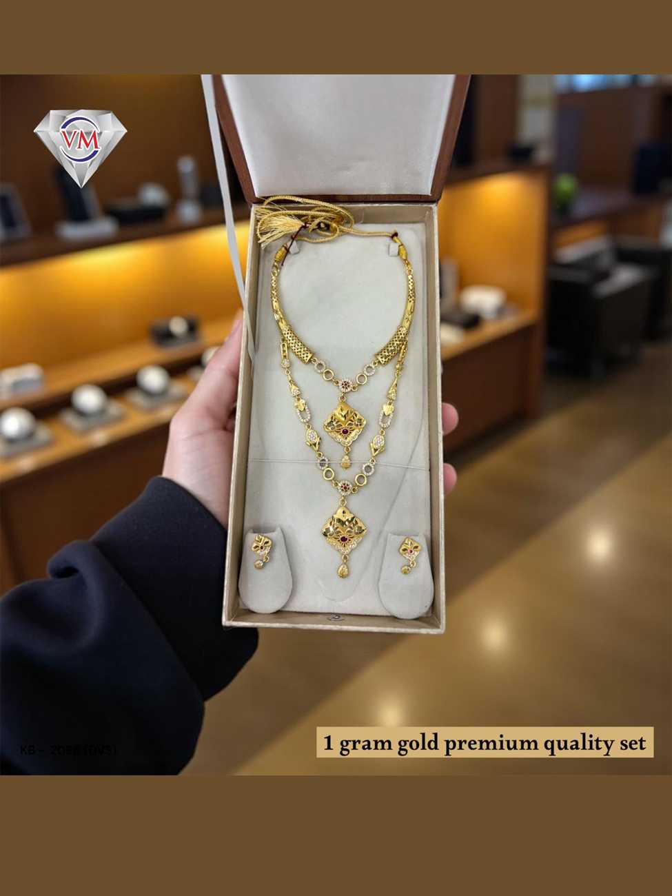 1 gram gold premium layered necklace set front view with designer pendants and matching earrings