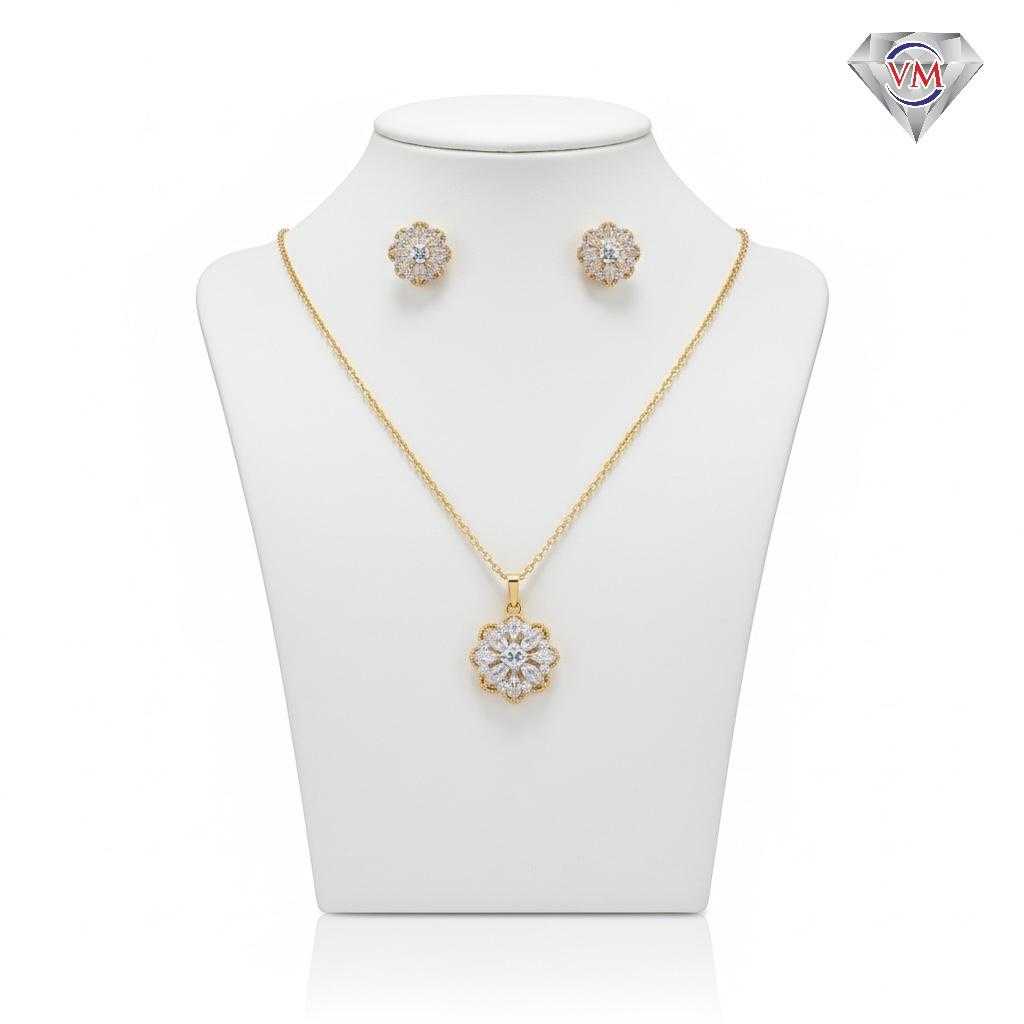 Gold plated floral pendant and earrings with a central round stone and scalloped gold borders encrusted with CZ