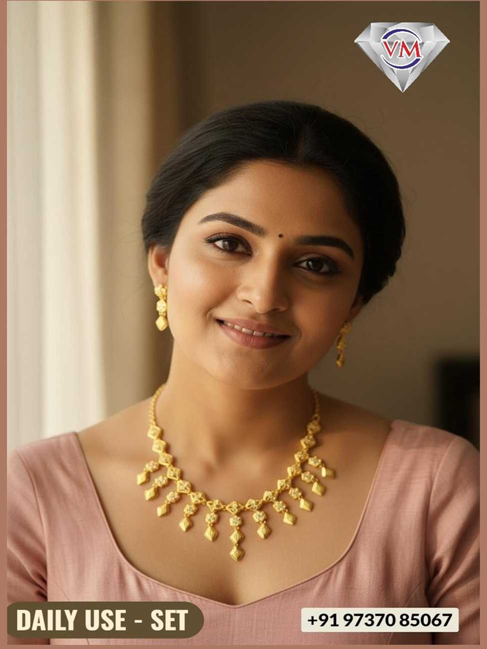 Gold finish daily wear necklace set featuring diamond shaped drop elements with matching earrings  4. Details