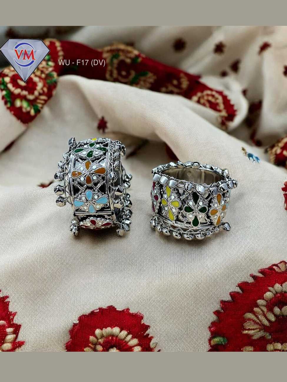 Oxidized silver kada featuring multicolor floral enamel design with ghungroo detailing