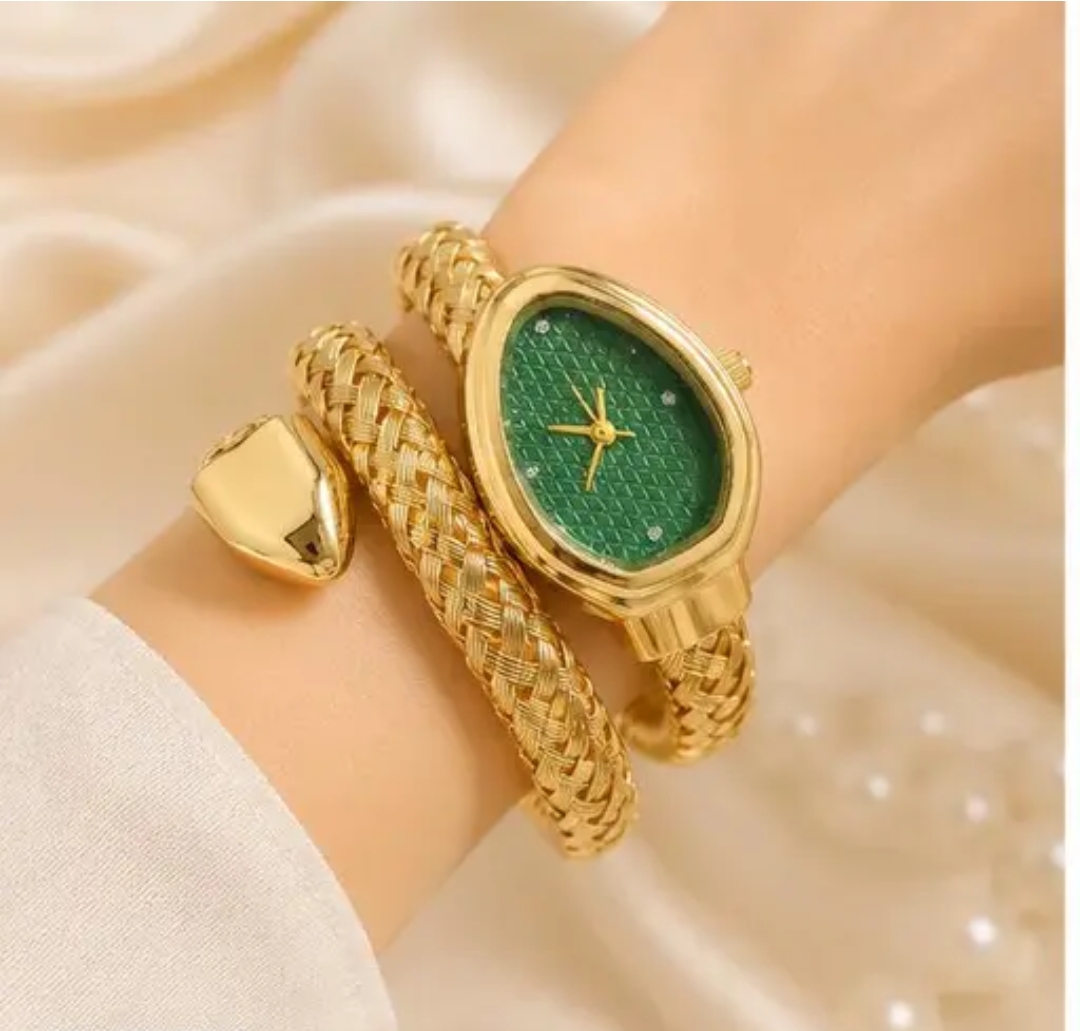 VM Imitation Gold Snake Women's Wrist Watch with Green Dial  Premium Fashion Bracelet Watch