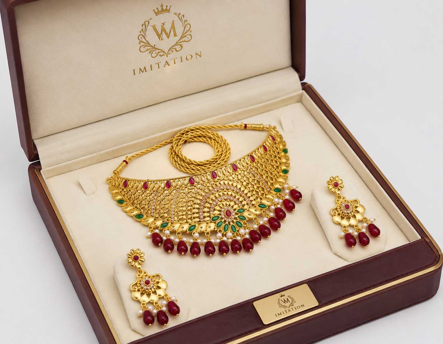 VM Imitation Jewellery Gold-Plated Bridal Necklace Set and Matching Earrings