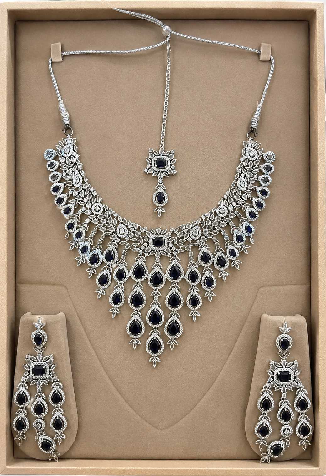 Silver American Diamond Necklace Set with Navy Blue Stones, Matching Earrings & Maang Tikka in Premium Jewelry Box 