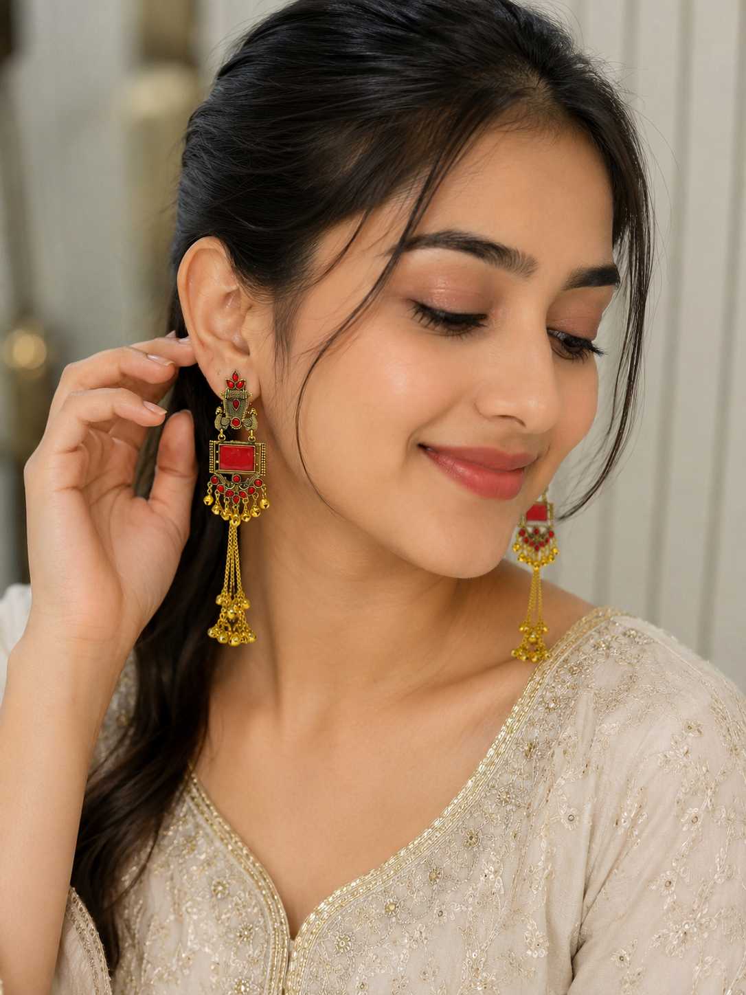 Red Stone Antique Gold Plated Long Ghungroo Kashmiri Earrings for Women | Traditional Ethnic Imitation Jewellery