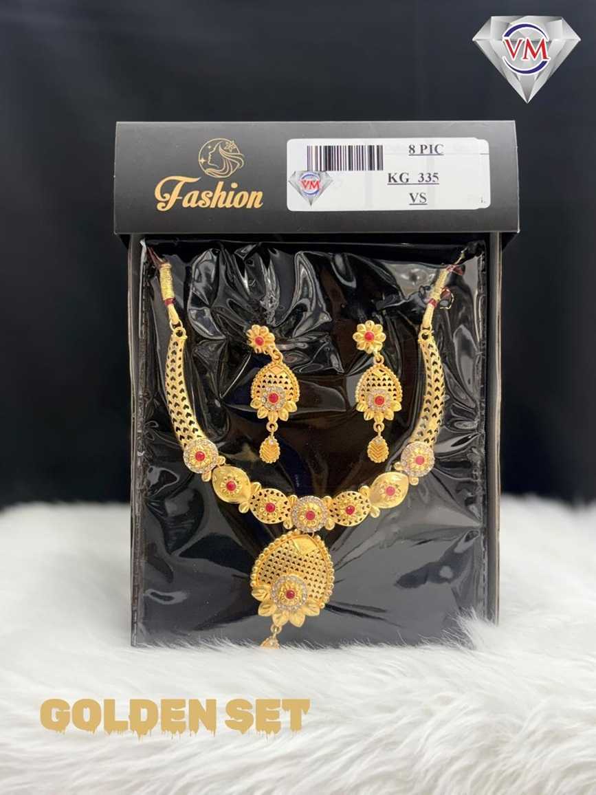 Golden finish necklace set with ruby disc pendant and matching floral earrings