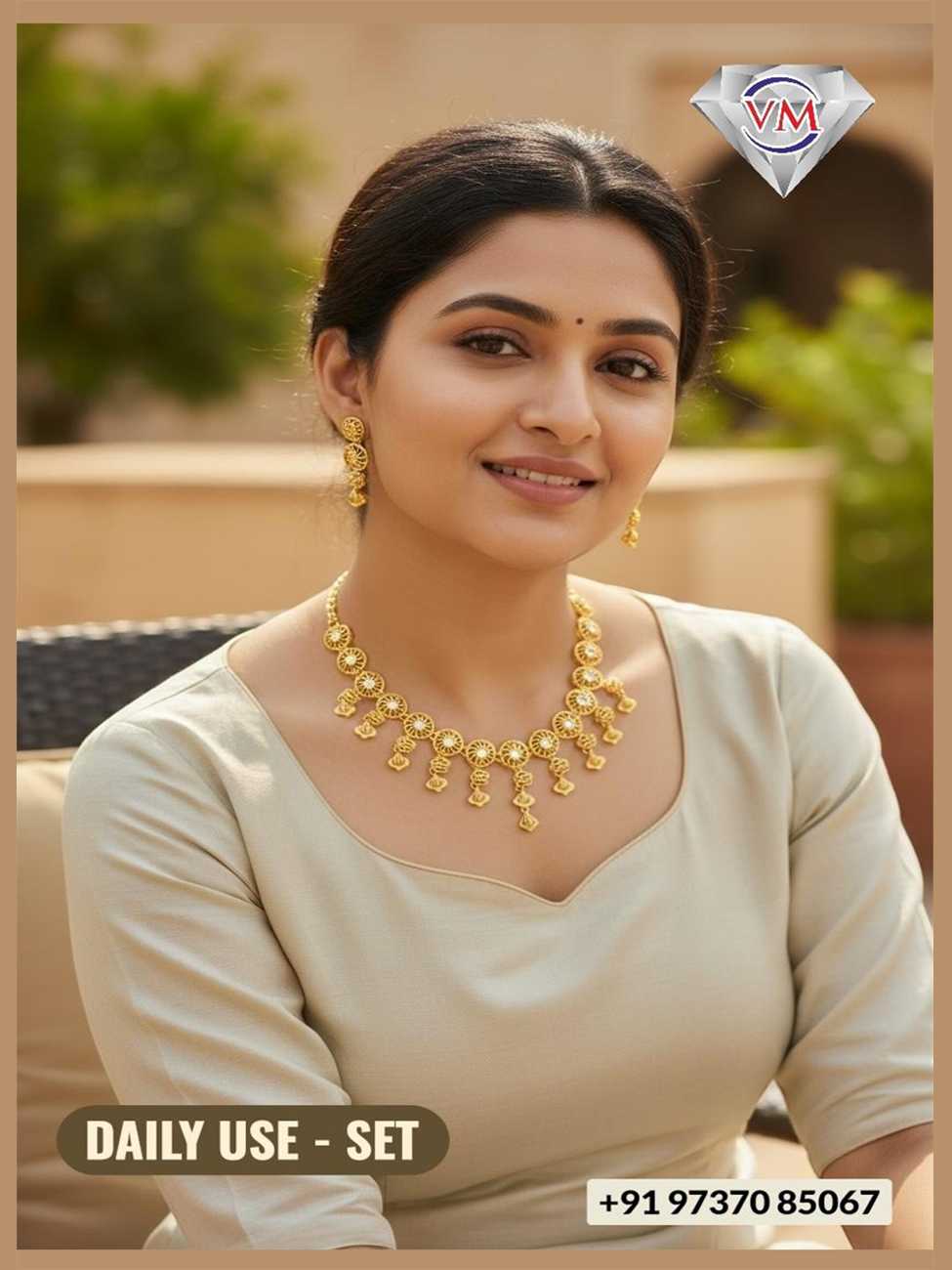 Daily wear gold finish necklace set with small coin drop motifs and matching earrings