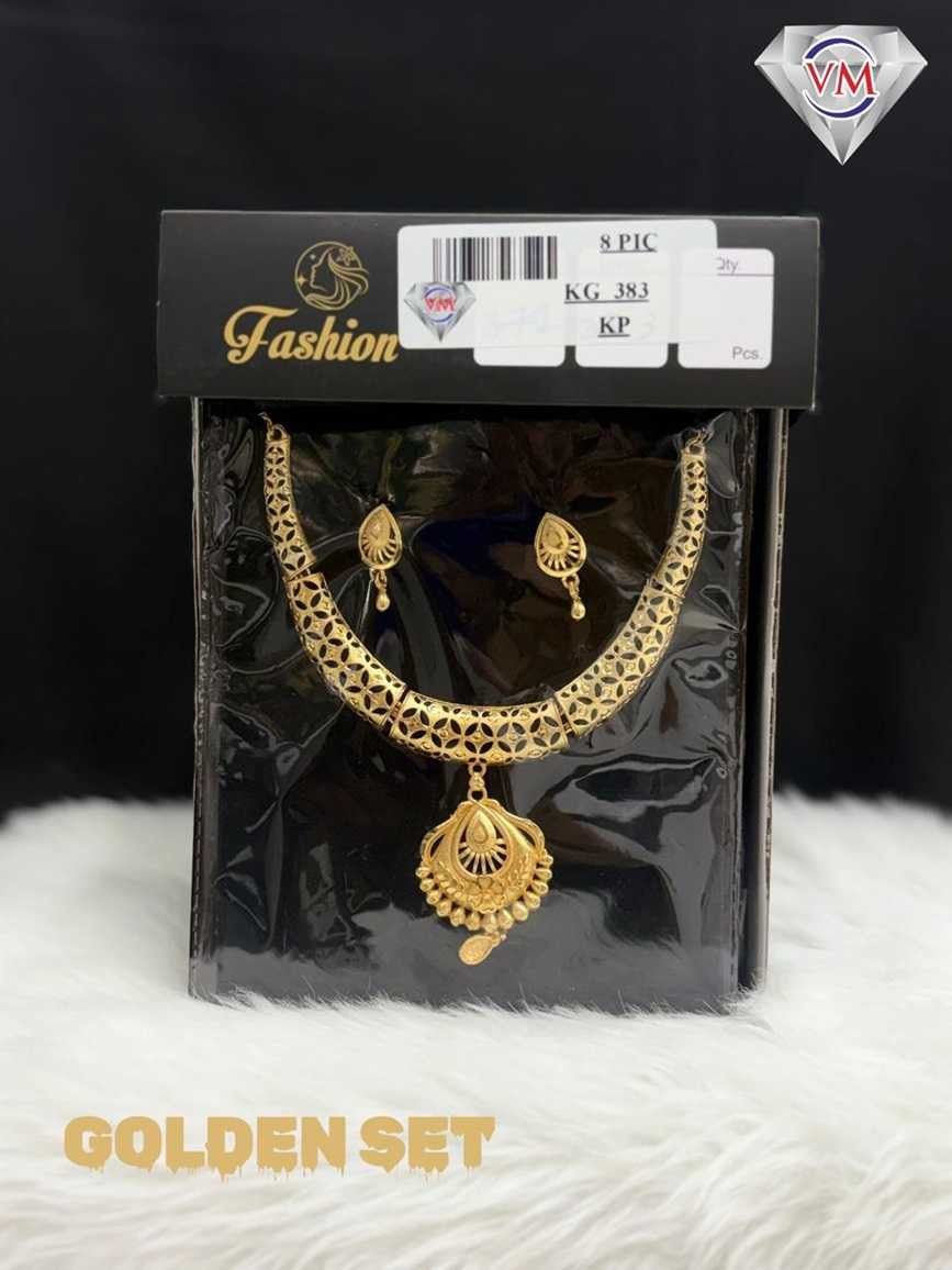 Golden finish necklace set with lotus motif arch pendant and matching earrings