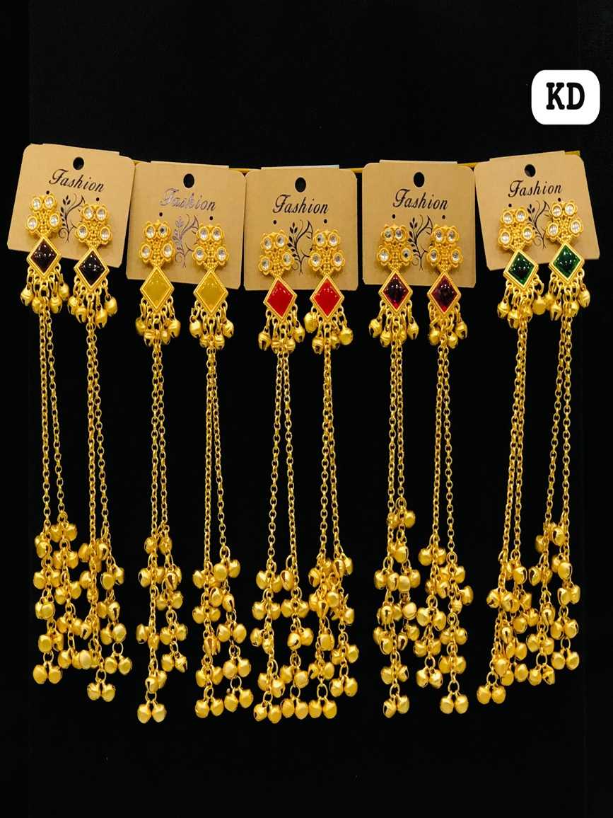 Symmetrical gold-plated earrings featuring a diamond-shaped gemstone and long golden chains with tiered bell clusters.
