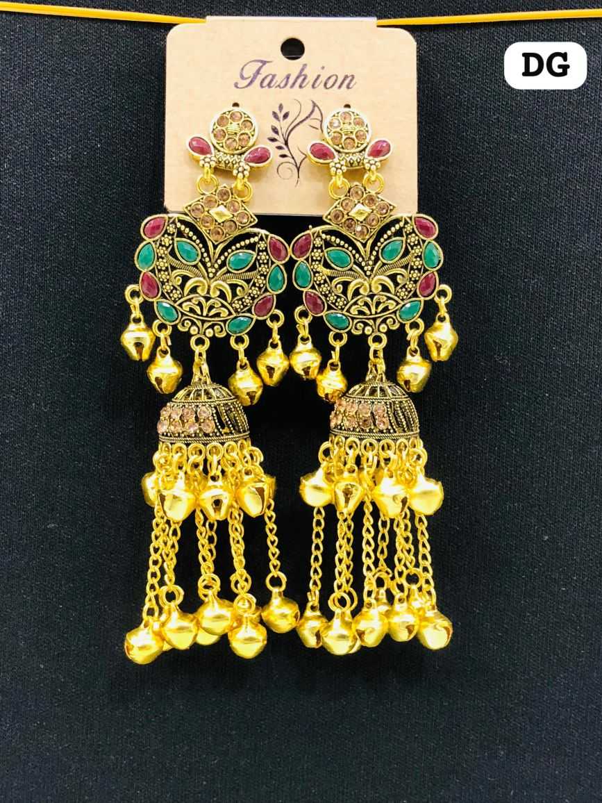 Large traditional gold-plated Bahubali earrings with peacock motifs, green and red stones, and a large central jhumka dome with hanging chains.