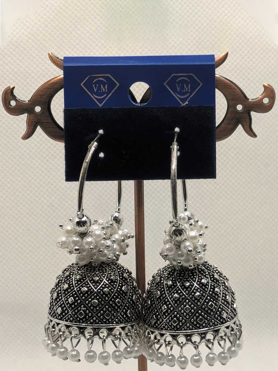 Oxidized Silver Bali Earrings with White Pearl