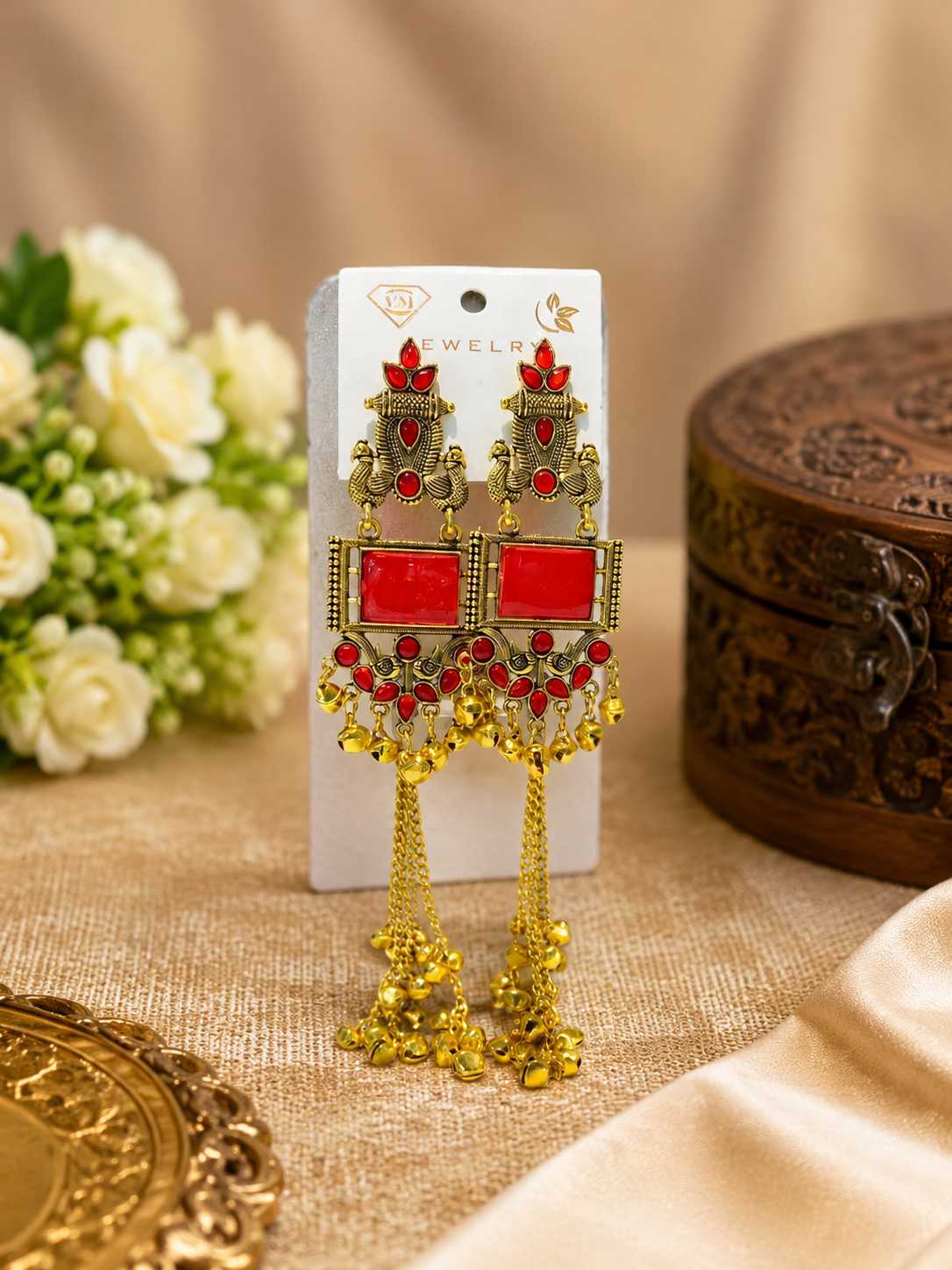 Red Stone Antique Gold Plated Long Ghungroo Kashmiri Earrings for Women | Traditional Ethnic Imitation Jewellery