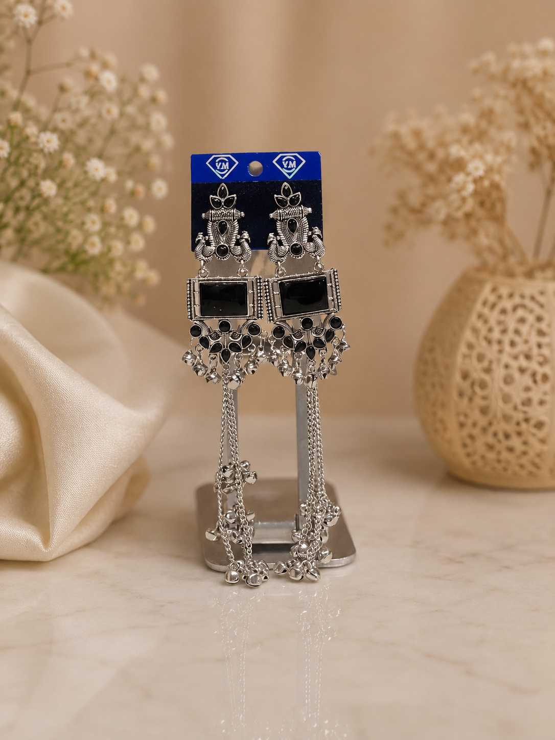 Traditional Kashmiri Silver Earrings with Black Stone