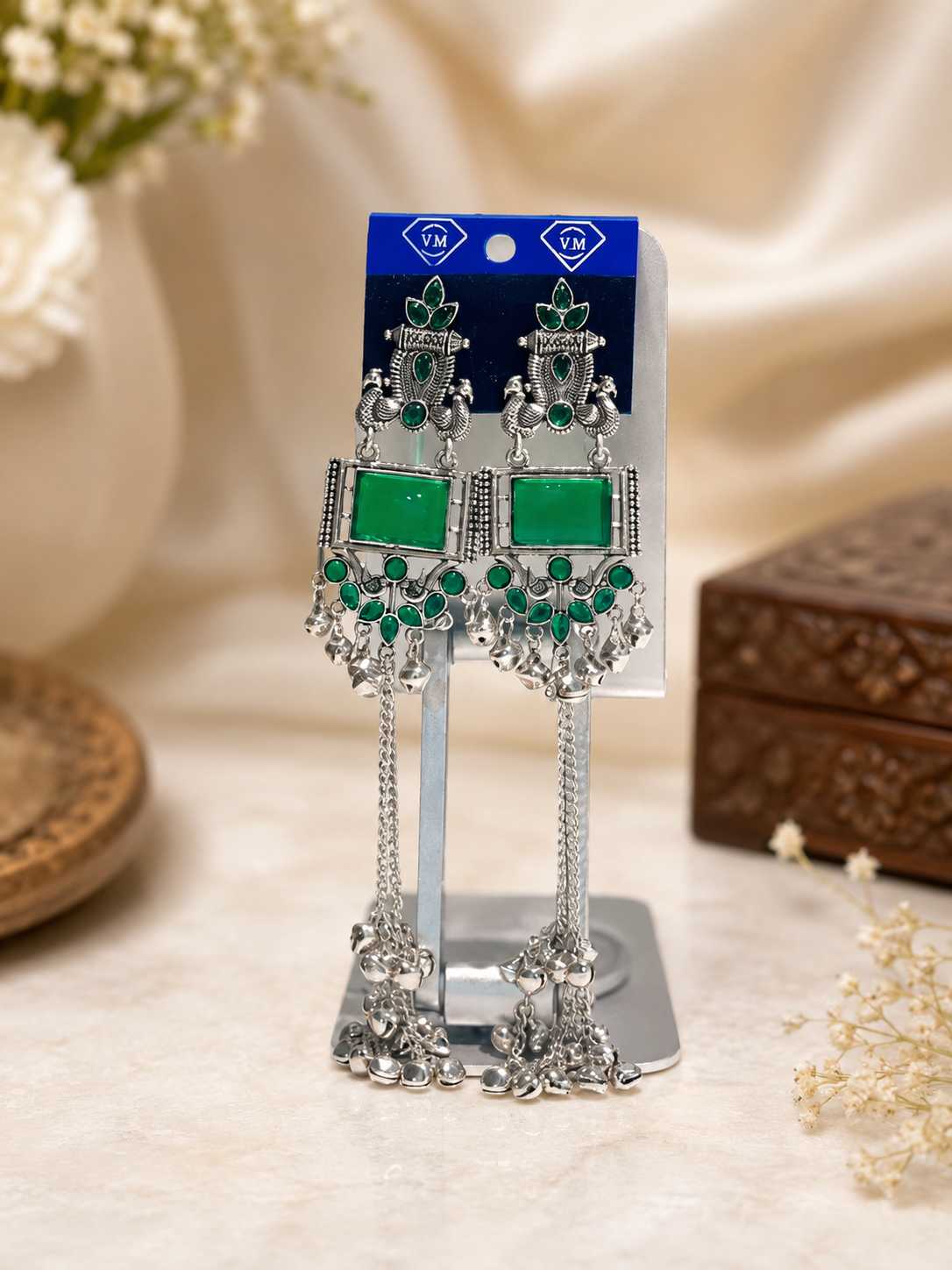 Green Oxidised Silver Afghani Long Earrings with Ghungroo for Women  Traditional Ethnic Jewelry