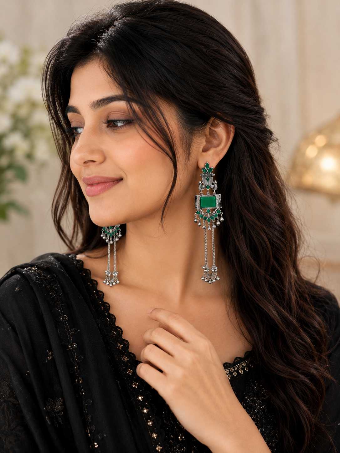 Green Oxidised Silver Afghani Long Earrings with Ghungroo for Women  Traditional Ethnic Jewelry
