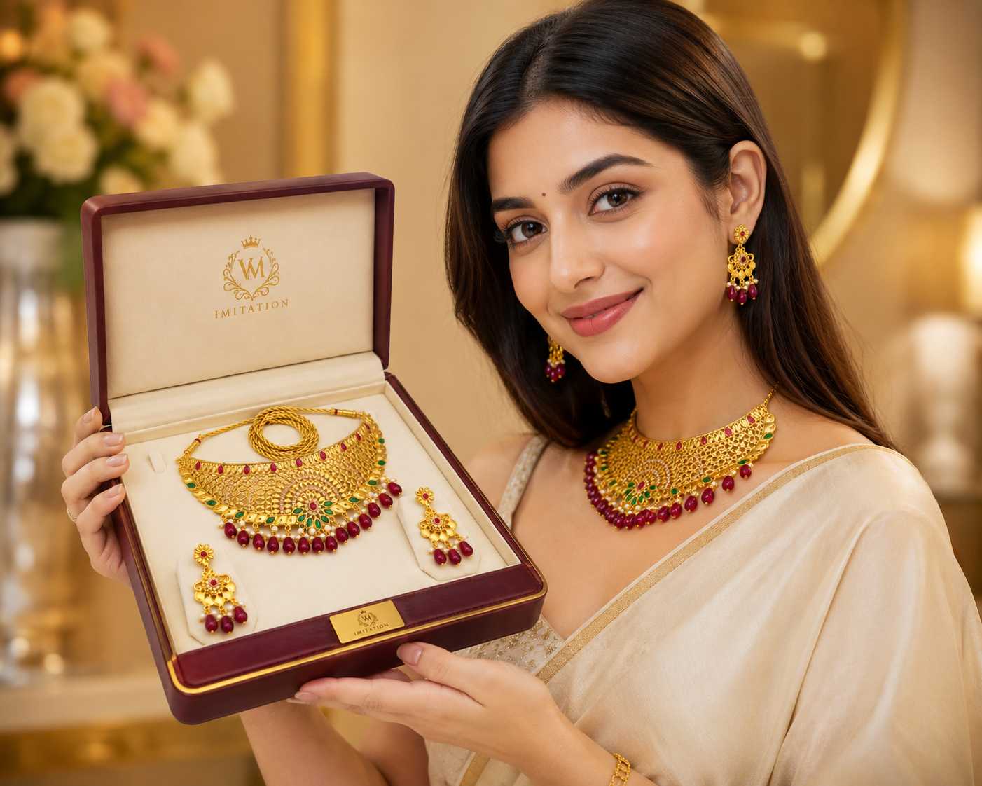 VM Imitation Jewellery Gold-Plated Bridal Necklace Set and Matching Earrings