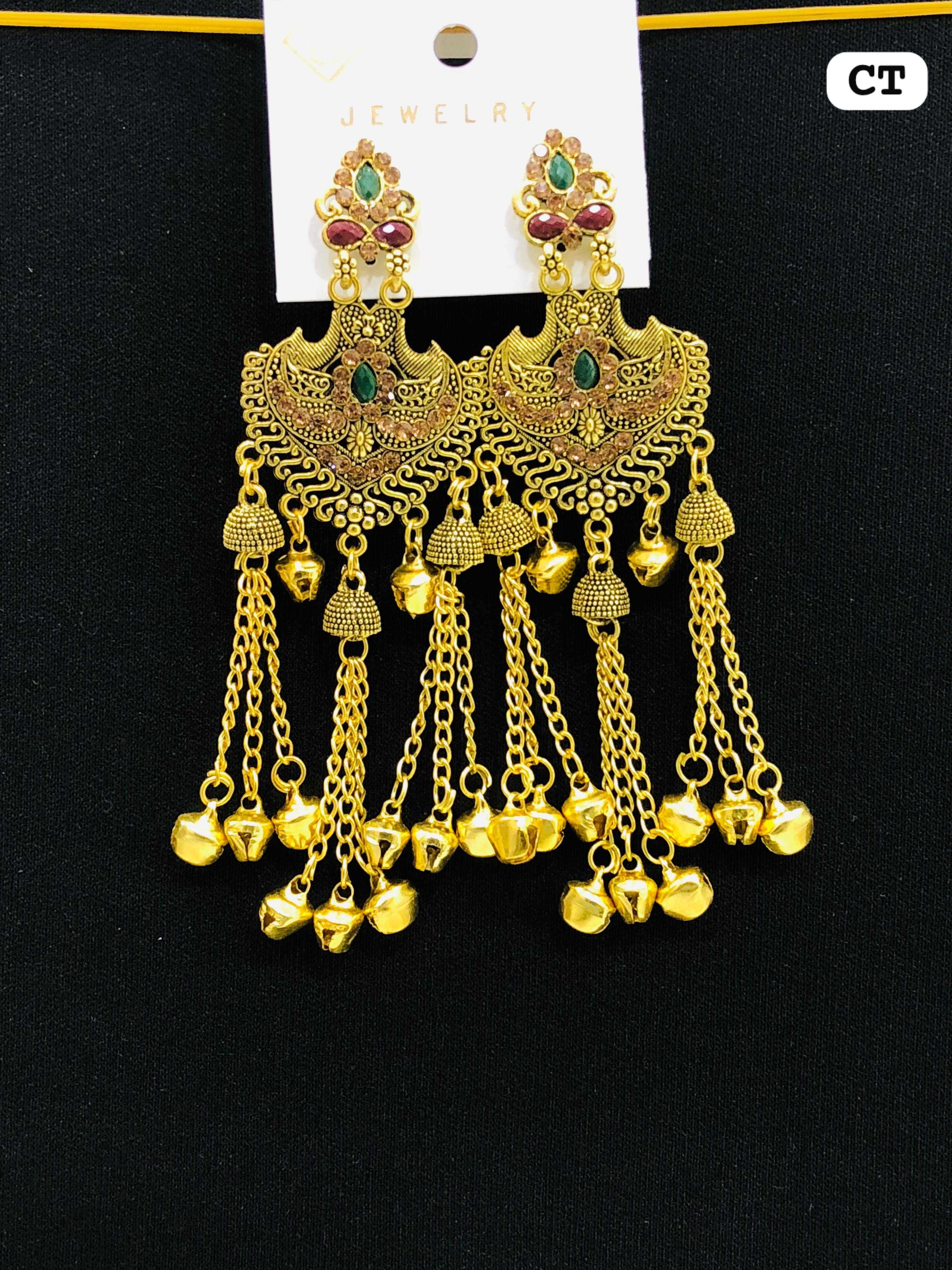Traditional gold plated Bali earrings with intricate carving and multi-layer ghungroo chain hangings