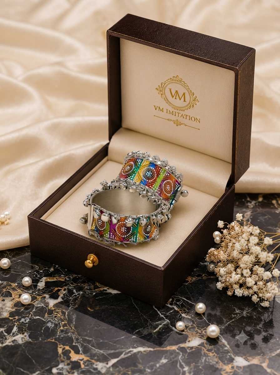 Colorful Traditional Silver Imitation Kada Bangles in Premium VM Imitation Jewelry