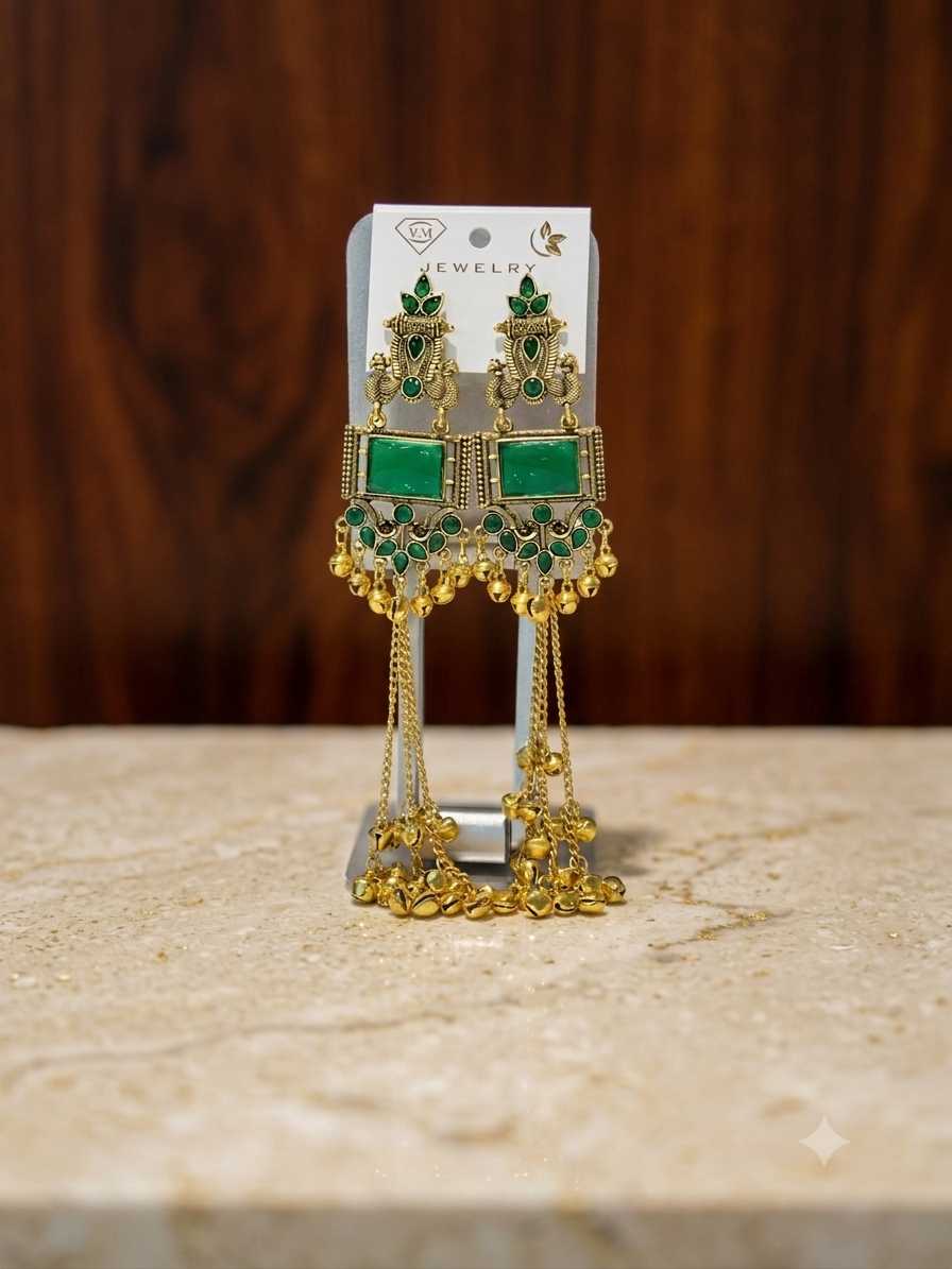 Ethnic Kashmiri Earrings with Green Stones and Gold Finishing