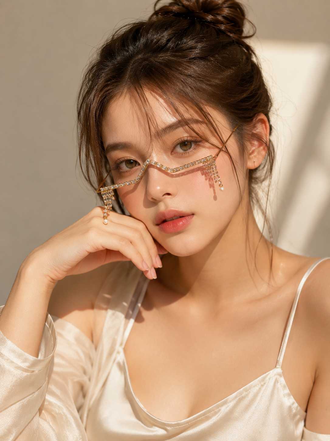 Gold crystal eyewear for women with pearl drops, luxury fashion accessory, designer imitation jewelry , stylish party wear eyewear