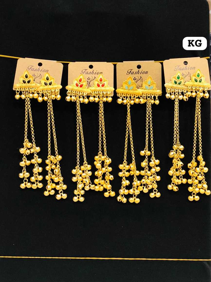 old-plated earrings with a horizontal floral base containing three colorful leaf-shaped stones and long bell-drop chains.